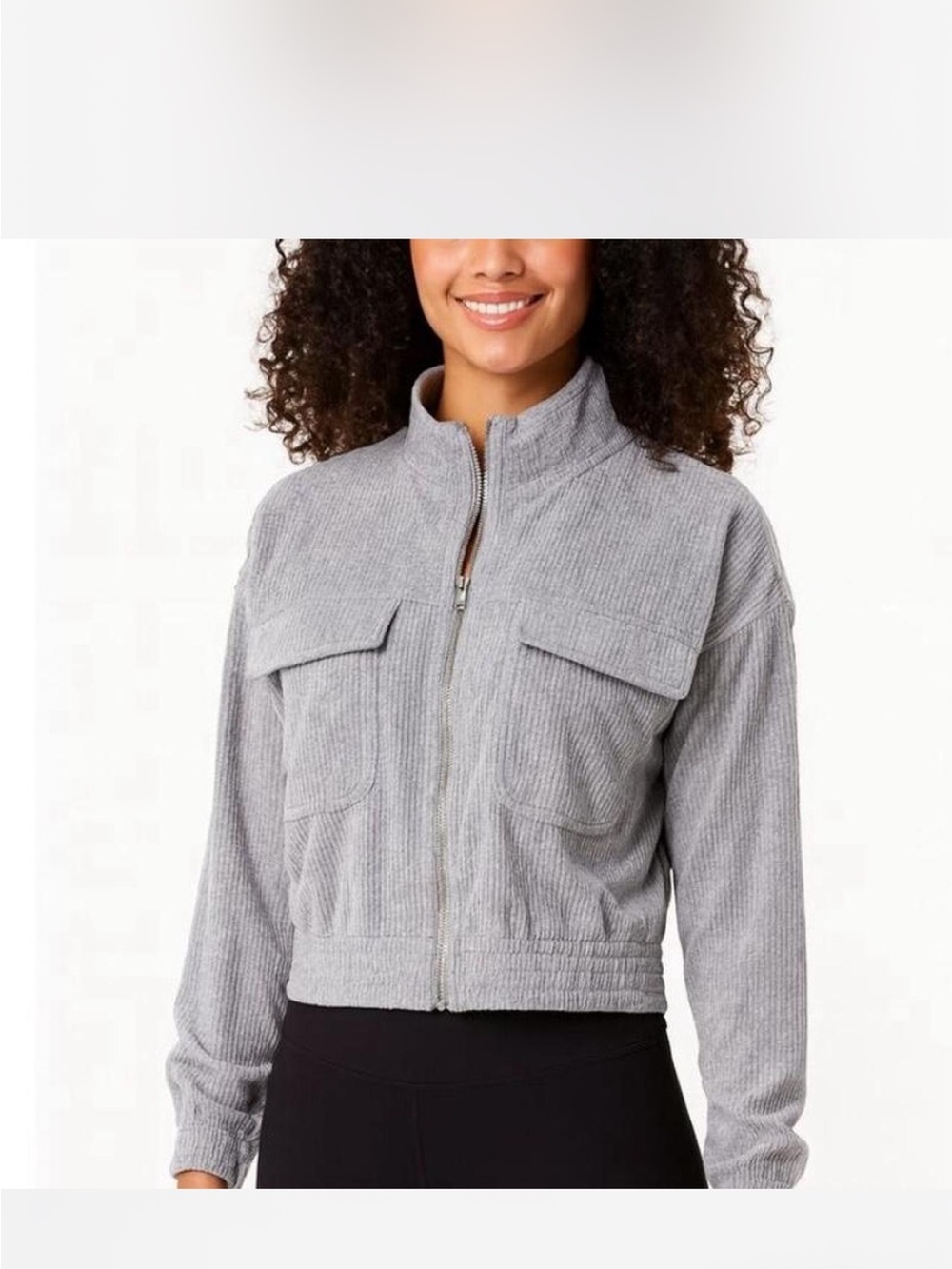 aerie Light Gray Ribbed Zip Front Bomber Jacket
